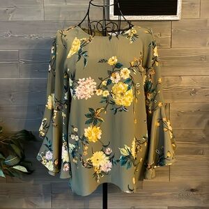 LC Lauren Conrad Bell Sleeve Floral Blouse - Yellow and Green